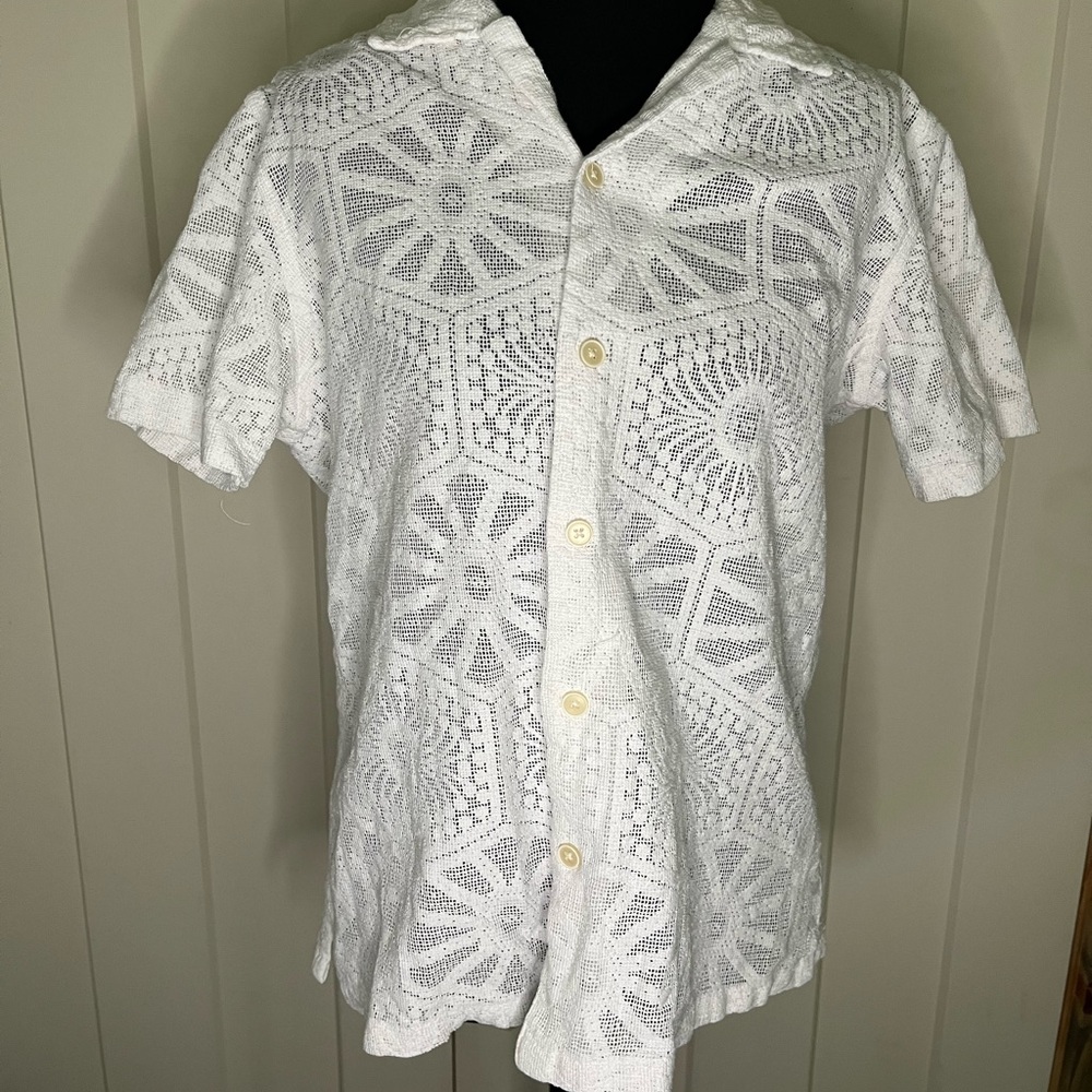 Free Planet Cream Crotchet Lace Textured Button Up Shirt Summer Vacation Beach